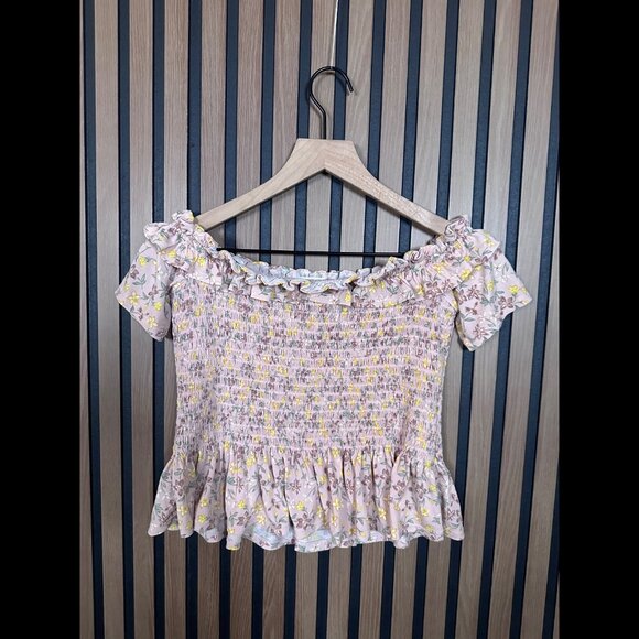 BGBGeneration Crop Top Small Pink Peasant Smocked Ruffle Trim Short Sleeve Flor - Picture 2 of 7